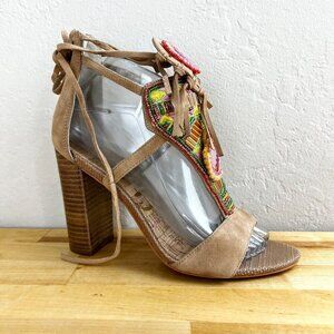 Sam‎ Edelman Yvette Ankle Wrap Beaded Fringe Embellished Boho Sandal Heel 7.5